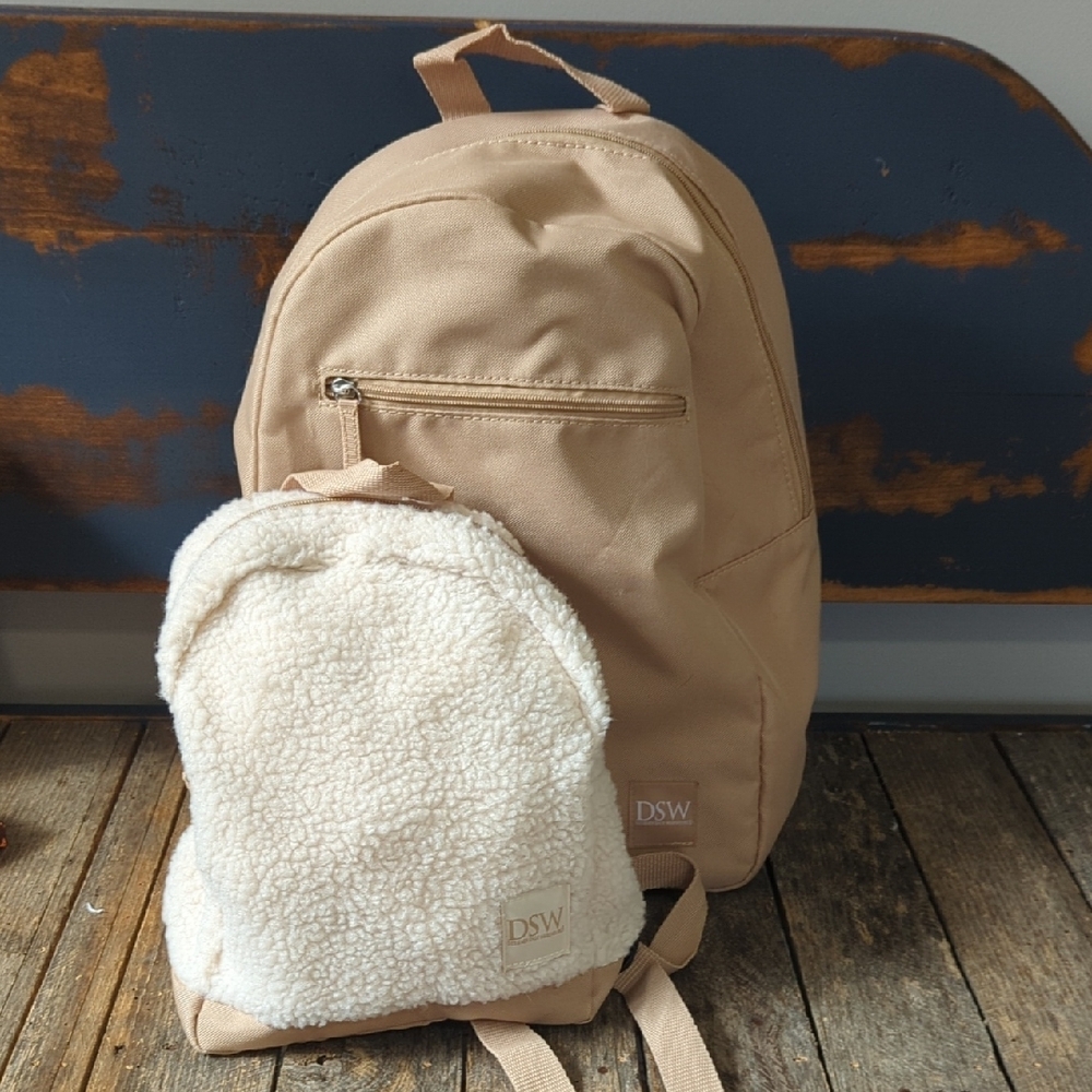 2FER DSW Tan and Cream Full Size Backpack AND Sherpa Cream And Tan Backpack